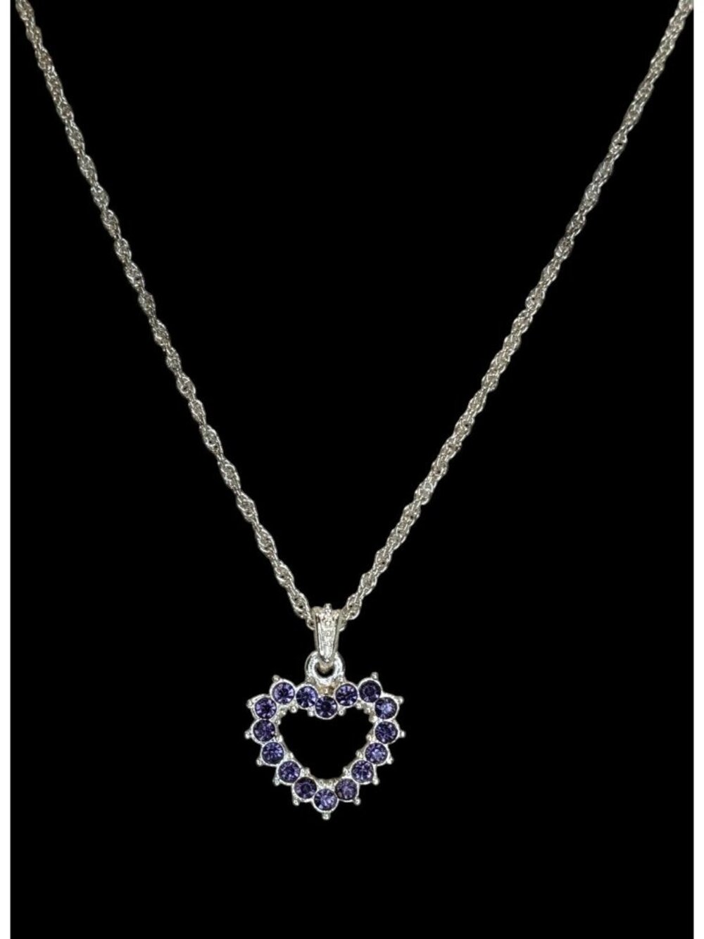 Purple Rhinestone Open Heart Necklace Silver Romantic Glam Y2K Pendant Jewelry